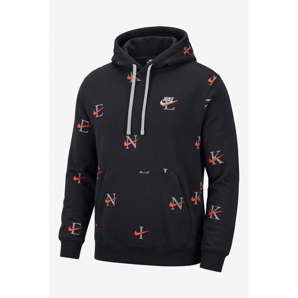 Nike Mens Sportswear All Over Print Swoosh Logo Hoodie Black Orange Small
